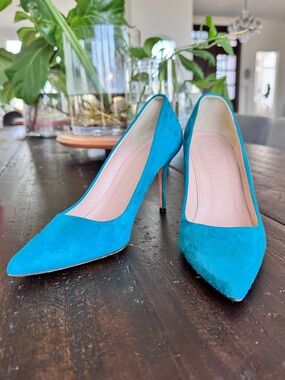 Turquoise Suede Pointed-T High Heels - Women's Dress Pumps